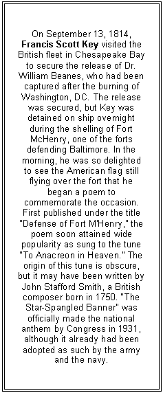 Text Box: On September 13, 1814, Francis Scott Key visited the British fleet in Chesapeake Bay to secure the release of Dr. William Beanes, who had been captured after the burning of Washington, DC. The release was secured, but Key was detained on ship overnight during the shelling of Fort McHenry, one of the forts defending Baltimore. In the morning, he was so delighted to see the American flag still flying over the fort that he began a poem to commemorate the occasion. First published under the title �Defense of Fort M'Henry,� the poem soon attained wide popularity as sung to the tune �To Anacreon in Heaven.� The origin of this tune is obscure, but it may have been written by John Stafford Smith, a British composer born in 1750. �The Star-Spangled Banner� was officially made the national anthem by Congress in 1931, although it already had been adopted as such by the army and the navy.


